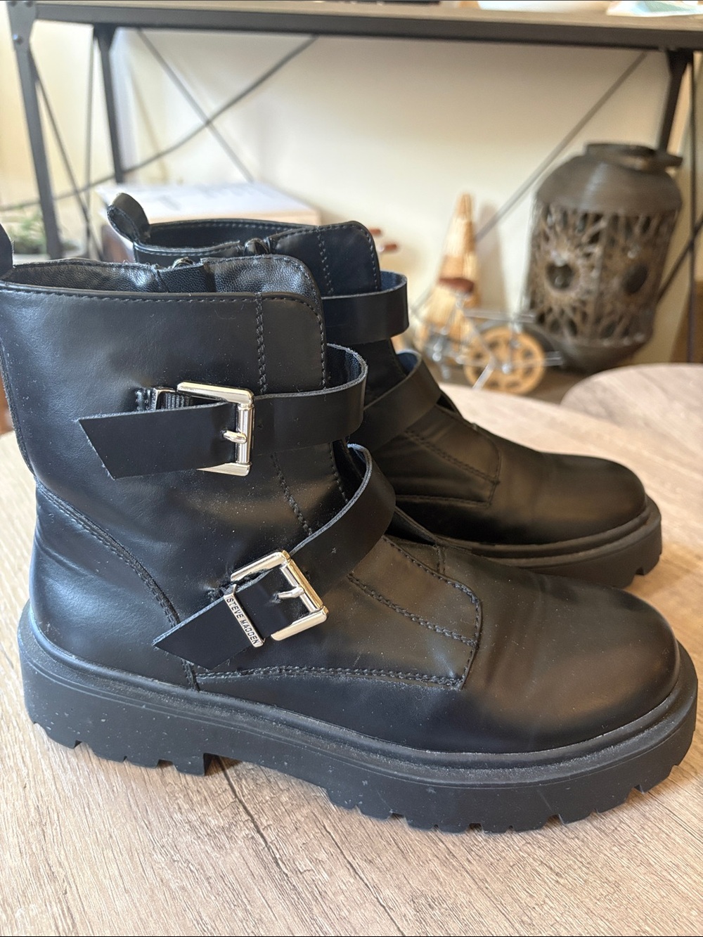 Black Leather Strap Combat Boots - women